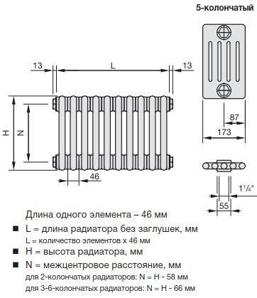 Габаритные размеры 5-х трубчатых радиаторов Zehnder